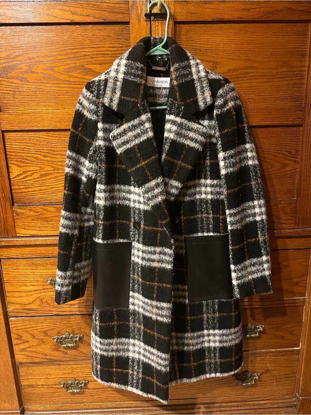 Calvin Klein Black, White & Brown Plaid Wool-Blend Pea Coat